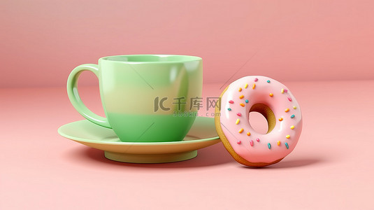 食品图形背景图片_充满活力的甜甜圈和摩卡杯，采用柔和的白色 3D 图形