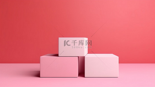 粉红色讲台背景上三个简约立方体的 3D 渲染