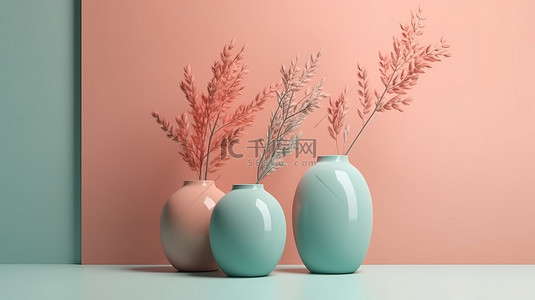 柔和背景下花瓶中树枝的极简主义场景隔离 3D 渲染