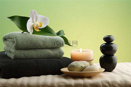 绿色背景中配有天然石材和毛巾的水疗桌