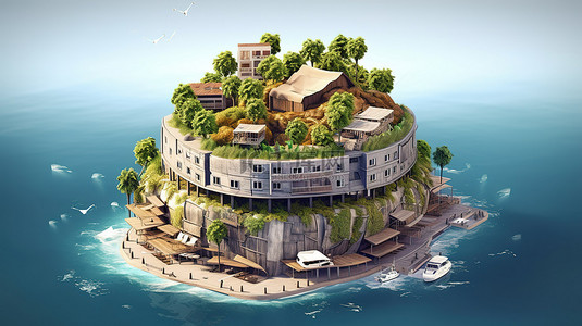 岛屿生活城市公寓楼的 3D 渲染