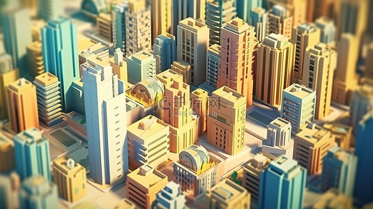 低聚城市景观的空中 3D 渲染