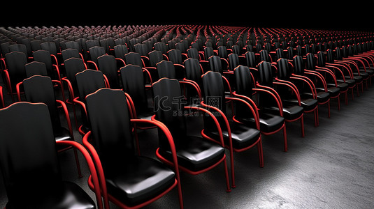 3d 渲染中一排黑色椅子之间的红色口音