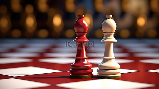 红色的国际象棋背景图片_国际象棋中白色棋子对抗红色国王的 3d 渲染