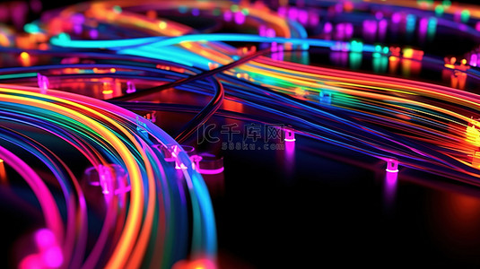 辉光背景图片_具有抽象辉光的彩色电信电线的辐射 3D 插图
