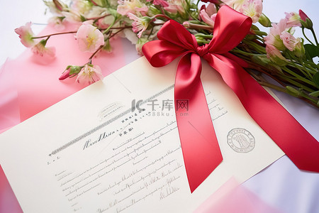 百合花朵背景图片_结婚证书和文凭旁边放着红丝带和粉红色的花朵