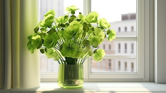 冬季温暖插画背景图片_3D 描绘的宽敞白色窗台上展示着绿色花朵的独特排列