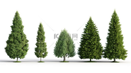 3D 渲染装饰灌木，用于景观美化逼真的花园设计，白色背景上有孤立的冷杉树