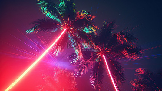 霓虹灯激光背景棕榈树的复古 3D 渲染