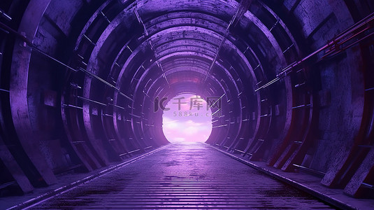 4k 超高清和 3D 插图中闪烁的紫色科幻隧道