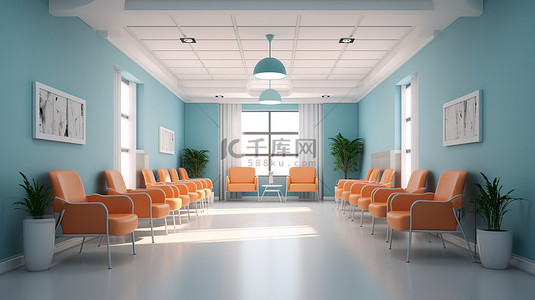医院药物背景图片_诊所候诊室的 3D 渲染，配有橙色椅子浅蓝色墙壁和白色地板