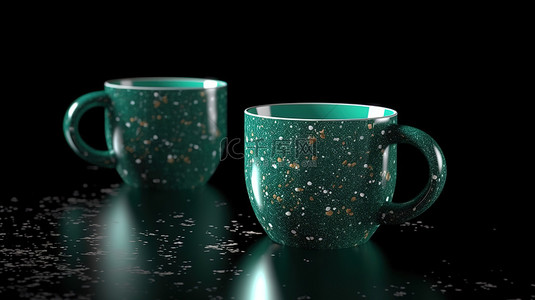金属茶杯背景图片_金属绿色浓缩咖啡和过滤咖啡杯的特写镜头，黑色背景 3d 渲染有薄片