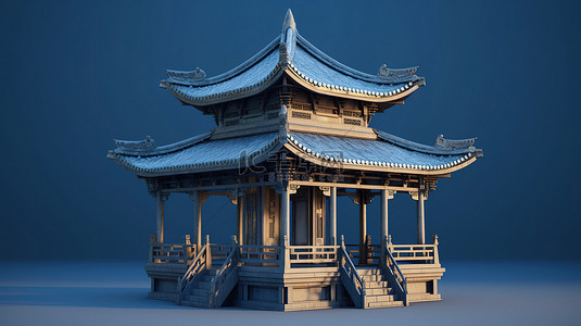 在醒目的蓝色背景上以 3D 形式描绘的中国凉亭或房屋