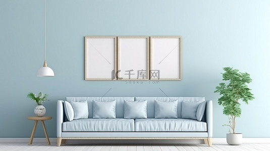 室内家居背景海报背景图片_浅蓝色客厅设计的 3D 渲染，配有室内海报模型