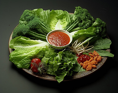 食品介绍易拉宝背景图片_绿色沙拉配罗勒香菜和花生，是拉差酱