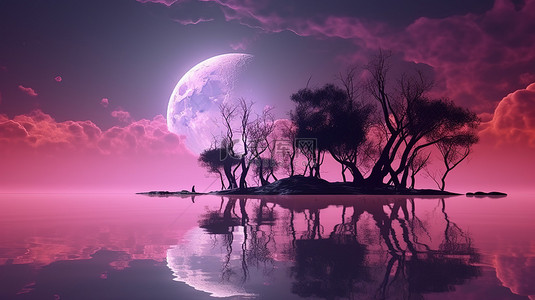 森林月亮夜晚背景图片_怪异的万圣节场景紫色粉红色天空反射海和满月在树上 3D 插图