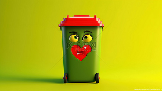 垃圾箱和背景图片_黄色背景上带有回收标志和红心的绿色垃圾桶吉祥物的 3D 渲染