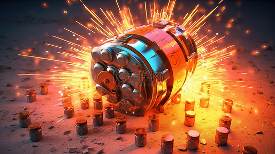 爆炸性卡尔达诺加密货币雷管和 TNT 炸药炸弹的 3D 渲染