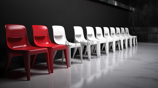 在 3D 渲染中，红色椅子在一排白色椅子中脱颖而出