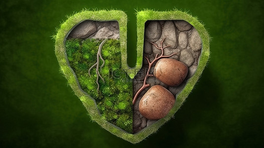食管溃疡背景图片_3D 渲染中岩石地形上的绿草肝雕塑