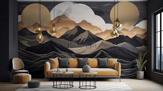 雄伟的山脉和树木金色黑色和灰色的 3D 壁画插图