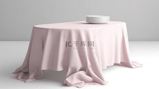 柔和桌布模板的逼真 3D 渲染设计显示在桌子上，织物在白色背景上隔离