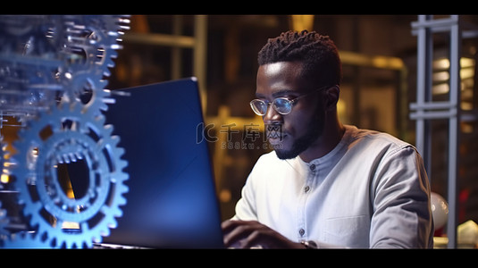 时间建筑背景图片_非洲工程师开夜车在启动办公室的笔记本电脑上创建工业齿轮的 3D 模型