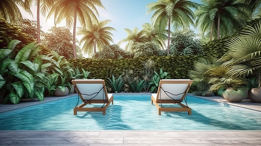 棕榈树环绕的现代后院，配有游泳池和时尚的草坪椅 3D 渲染