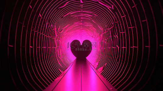 粉色心形背景图片_一个发光的霓虹粉色心形隧道，在黑暗的环境中有闪闪发光的星星和发光的光条纹