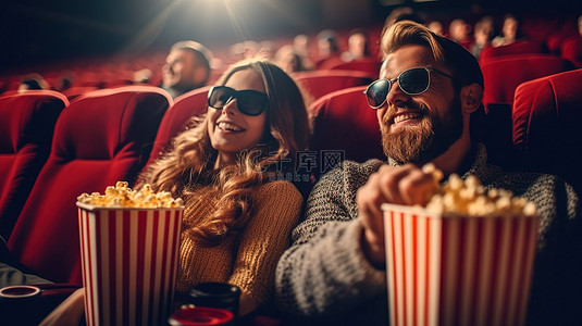 微笑的夫妇在剧院享受 3D 电影和爆米花