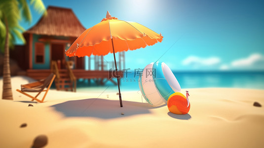 宁静的海滩度假胜地的 3D 插图