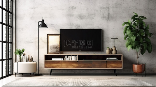 大屏幕背景图片_阁楼风格的客厅配有木柜和大屏幕电视 3D 渲染