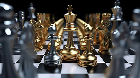 银商合作背景图片_棋盘的 3D 渲染，金王高高地站在银棋子中