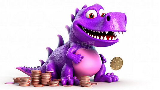 霸王龙可爱背景图片_有趣的 3d 紫色恐龙拿着欧元符号