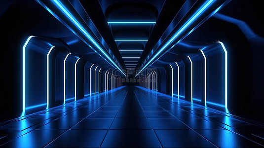 3D 渲染的未来派走廊，黑色背景上有空白空间和蓝色色调