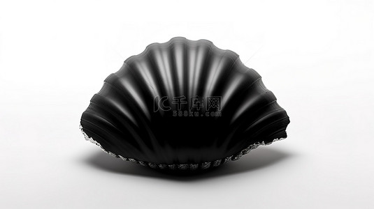 白色背景上带有白色珍珠的黑色美扇贝贝壳的 3D 渲染