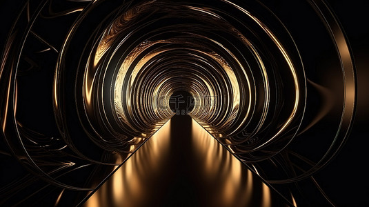 带金色反射和弯曲地板上动态黑线的照明 3D 隧道室