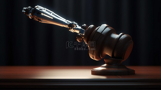 科技与未来背景图片_3D 渲染的机器人手抓住法官的木槌
