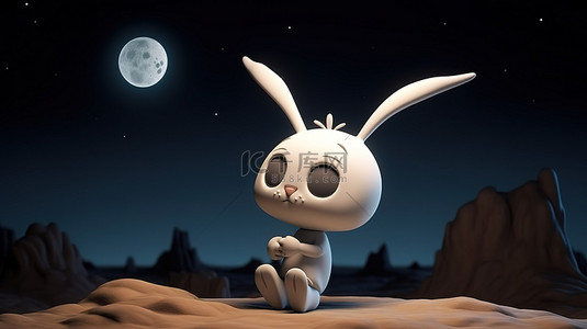 月球上的小兔子卡通 3d 渲染