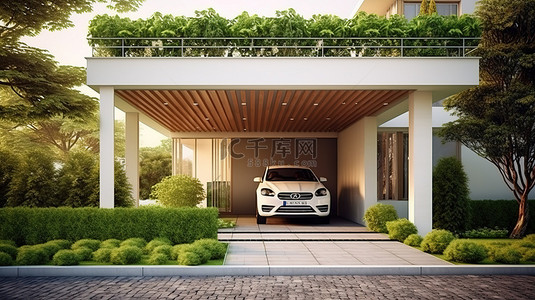车库背景图片_带车库绿色草坪和微型花园的现代住宅的 3D 渲染
