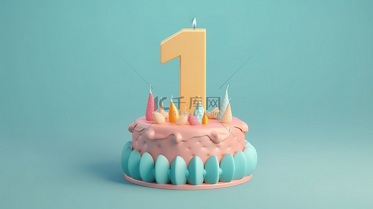 蓝色背景上带有复制空间的蜡烛 7 号蛋糕派对的柔和生日幸福 3D 渲染