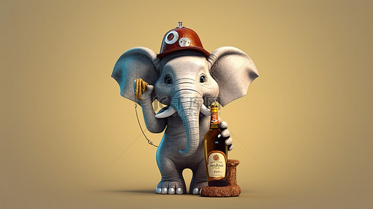 欢快的 3D 大象插图与酒瓶