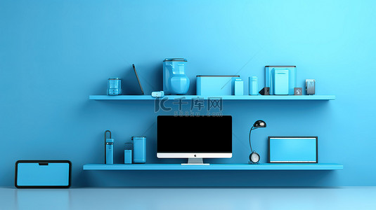 蓝色科技移动背景图片_蓝色墙架横幅的 3D 插图，配有电脑笔记本电脑手机和平板电脑