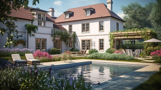泳池标识背景图片_经典住宅在 3D 中栩栩如生探索其美丽的泳池花园和车库