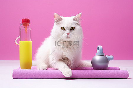 可爱瓶瓶背景图片_白猫，手里拿着一瓶水和重物，坐在垫子上的垫子旁边