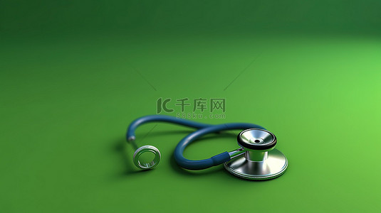 绿色听诊器背景图片_带有蓝色听诊器和文本空间的绿色背景的 3D 渲染