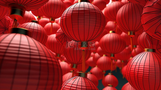 充满活力的红色中国纸灯笼的 3D 插图非常适合节日场合