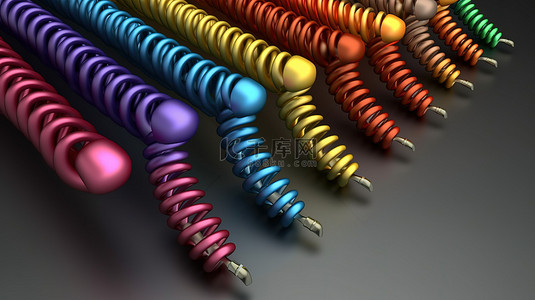 彩色手机悬挂在螺旋电缆上，呈现令人惊叹的 3D 渲染效果