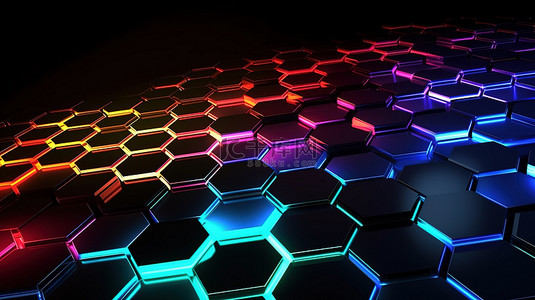 抽象现代背景下彩色照明碳纤维六边形的 3D 渲染
