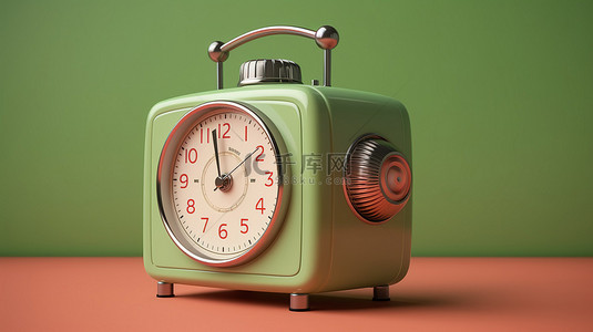 时间的闹钟背景图片_充满活力的绿色背景上带有收音机的闹钟的 3D 渲染
